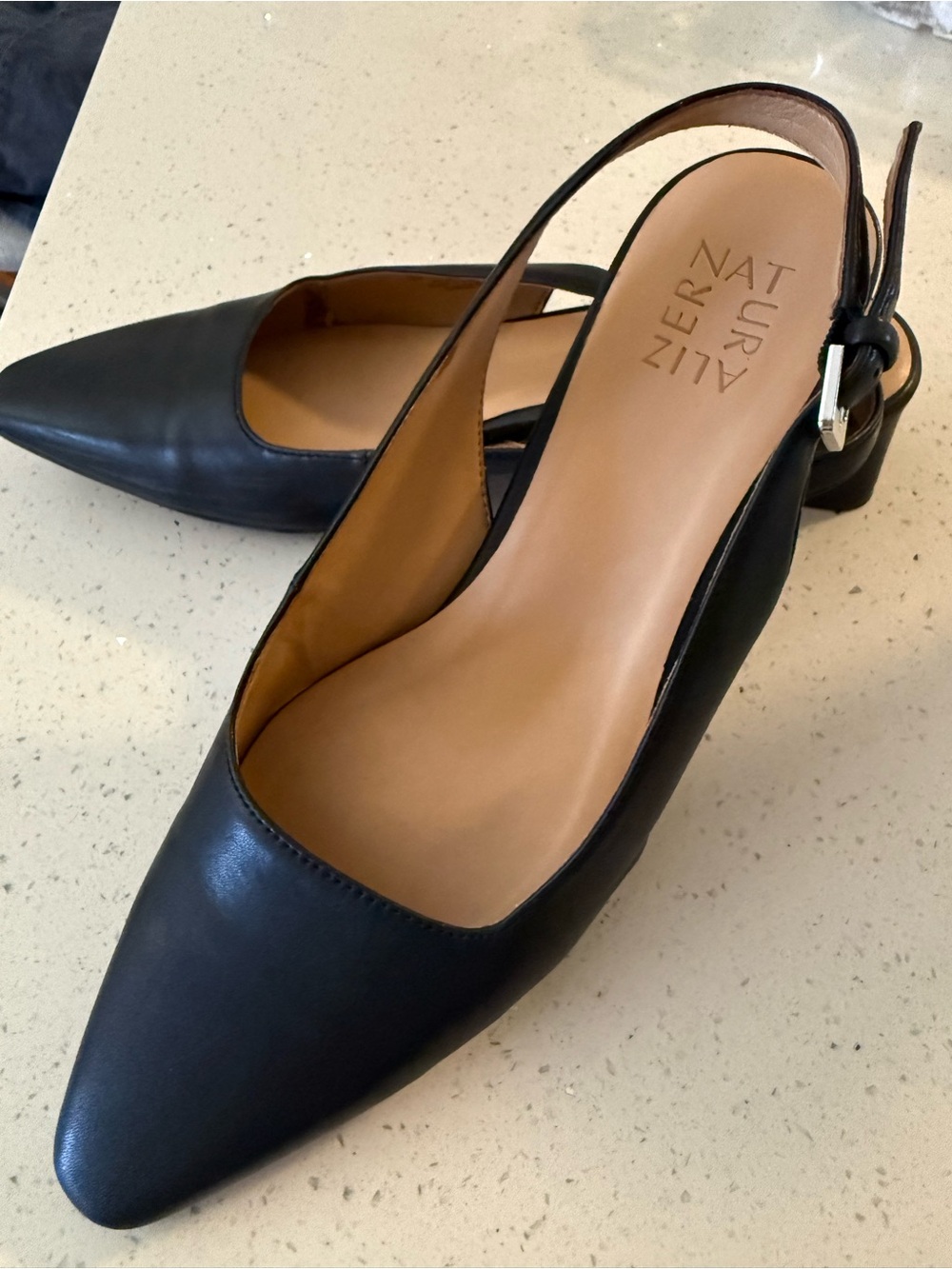 Naturalizer Black Leather Pointed-Toe Slingback Flats